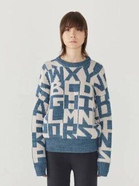 Misha & Puff Blue Cream Alphabet Wool Sweater, S